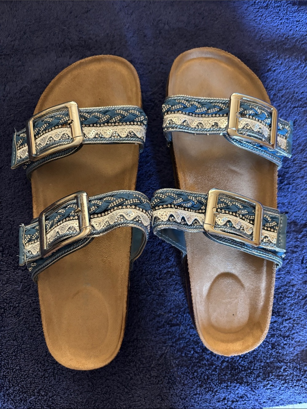 Beaded Blue Double-Buckle Women's Slide Sandals